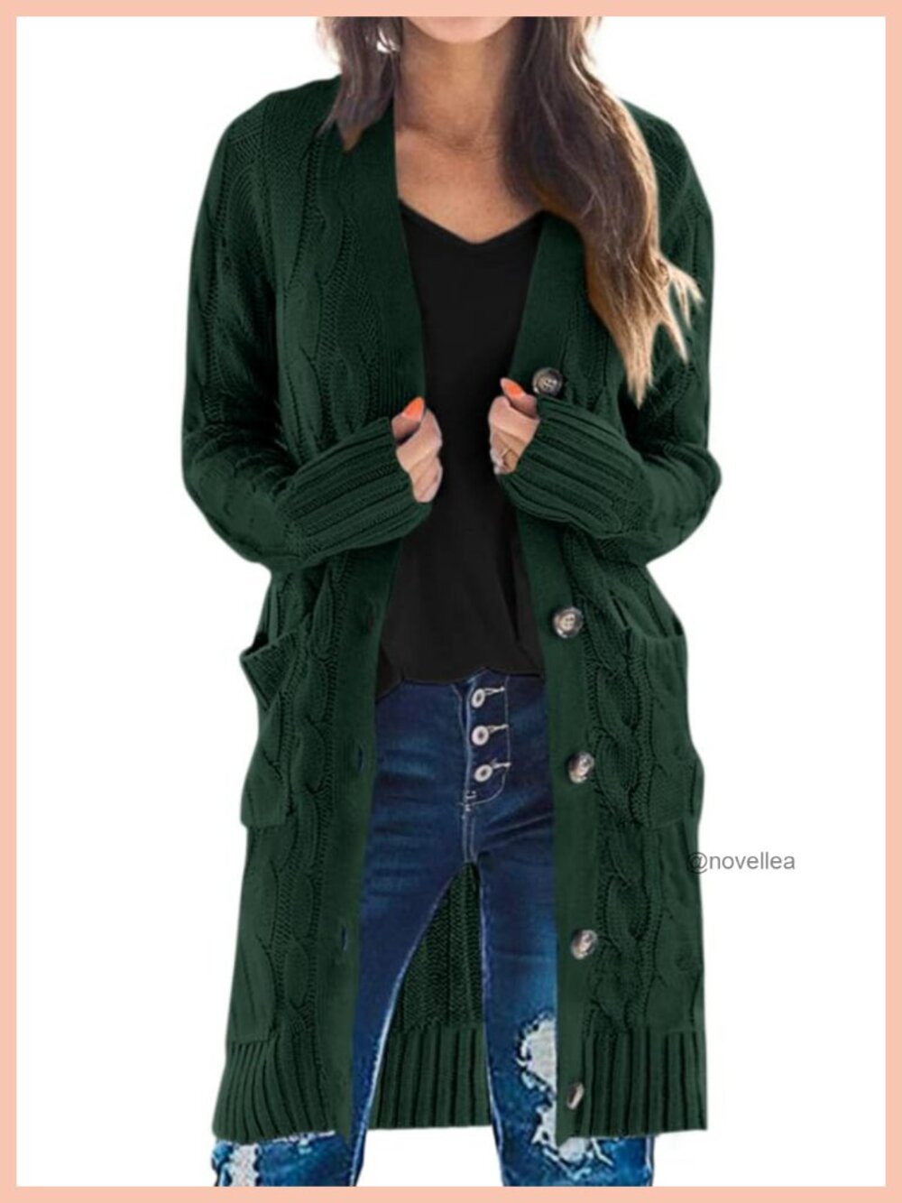 Cable Knit Long Cardigan Sweater Button Down Pockets Chunky Knit